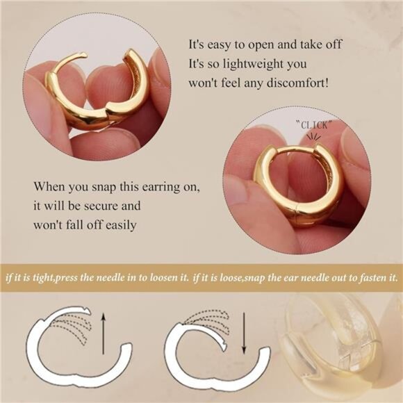 Small Gold Hoop Earrings Set, 14K Gold Plated Chunky Huggies, Hypoallergenic - Picture 6 of 7